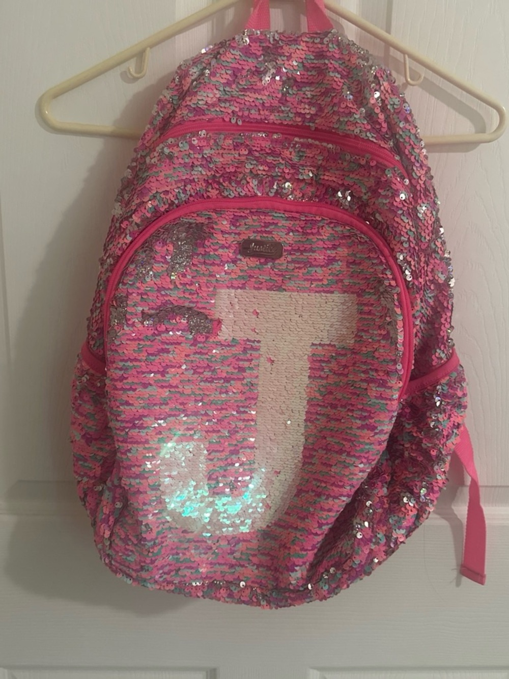 Justice Pink Sequin Backpack with White Letter J